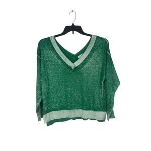 Sundance Sweater Petite L Green V-Neck Lightweight Cotton Knit Boxy Boho Top